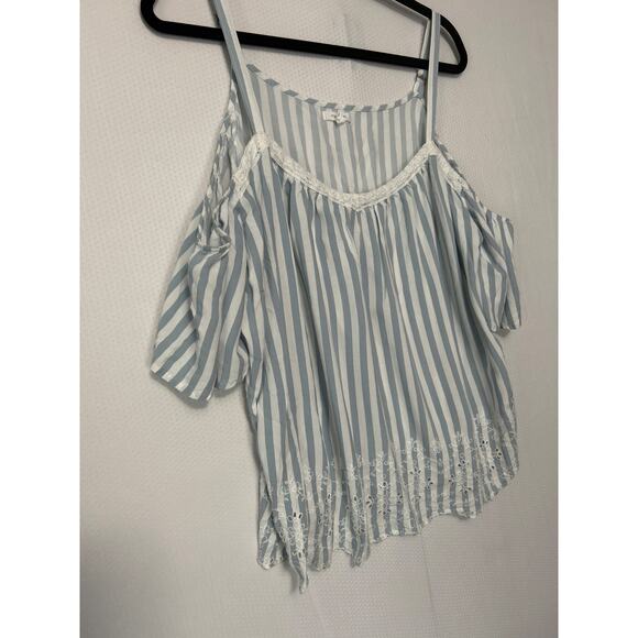 Maurices Blue White Embroidered Striped Crochet Trim Cold Shoulder V Neck Top 1X - Picture 5 of 11